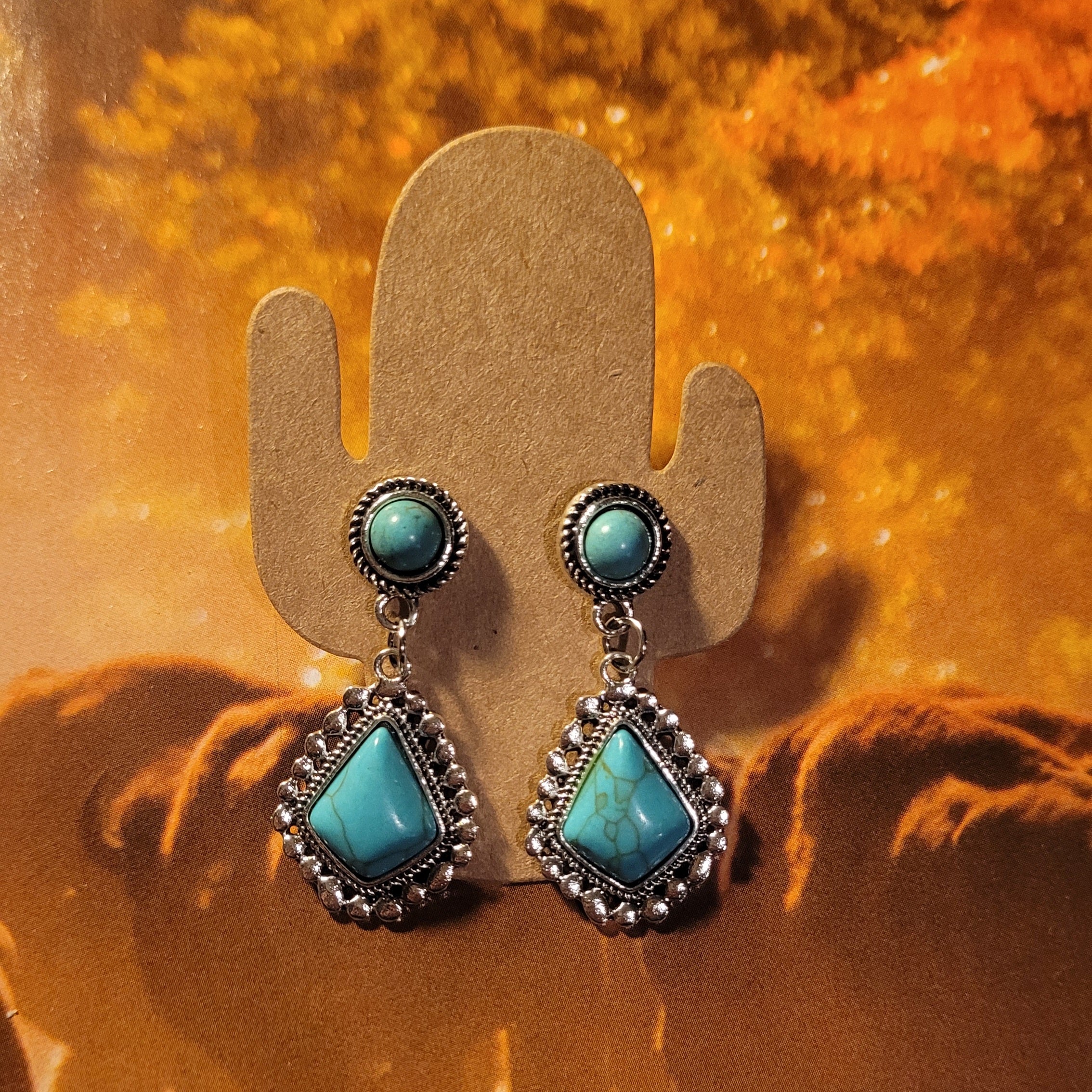 Turquoise & Silver Diamond Shaped Earrings