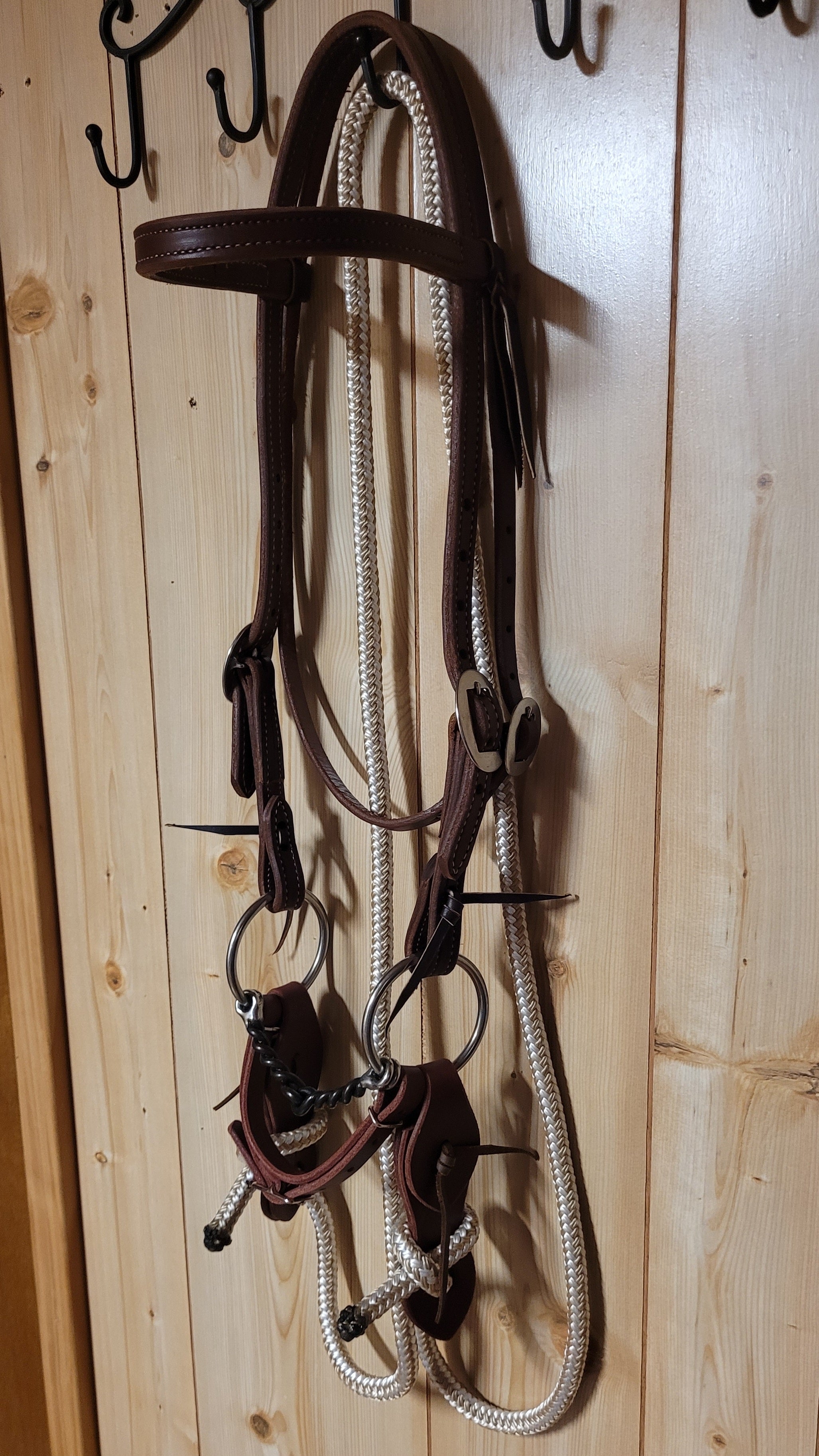 Leather Browband Headstall - Twisted Wire O-Ring Snaffle Bit - 8' Yacht Rope Loop Rein Set