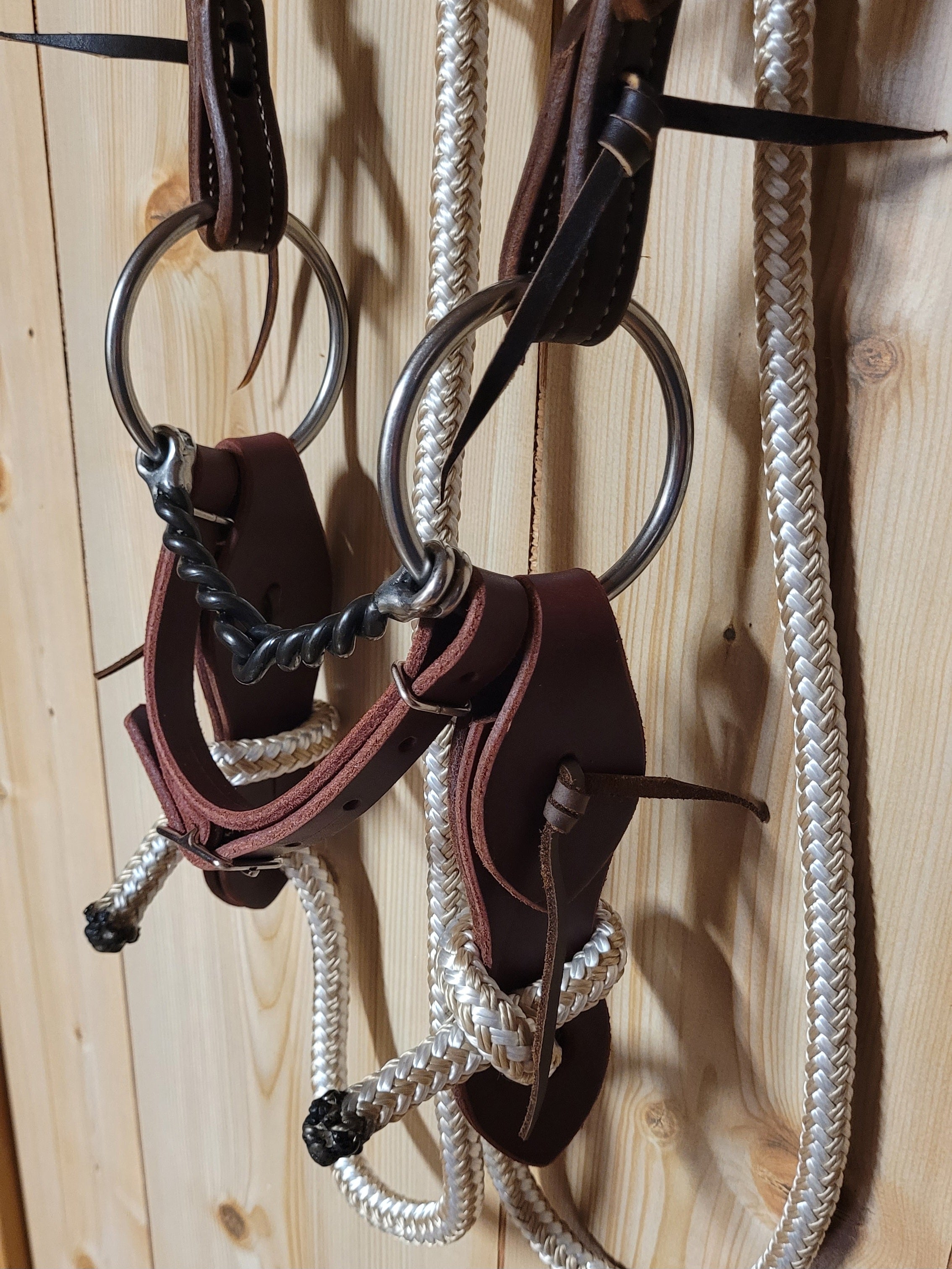 Leather Browband Headstall - Twisted Wire O-Ring Snaffle Bit - 8' Yacht Rope Loop Rein Set