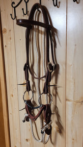 Leather Browband Headstall - Smooth O-Ring Snaffle Bit - 8' Yacht Rope Loop Rein Set