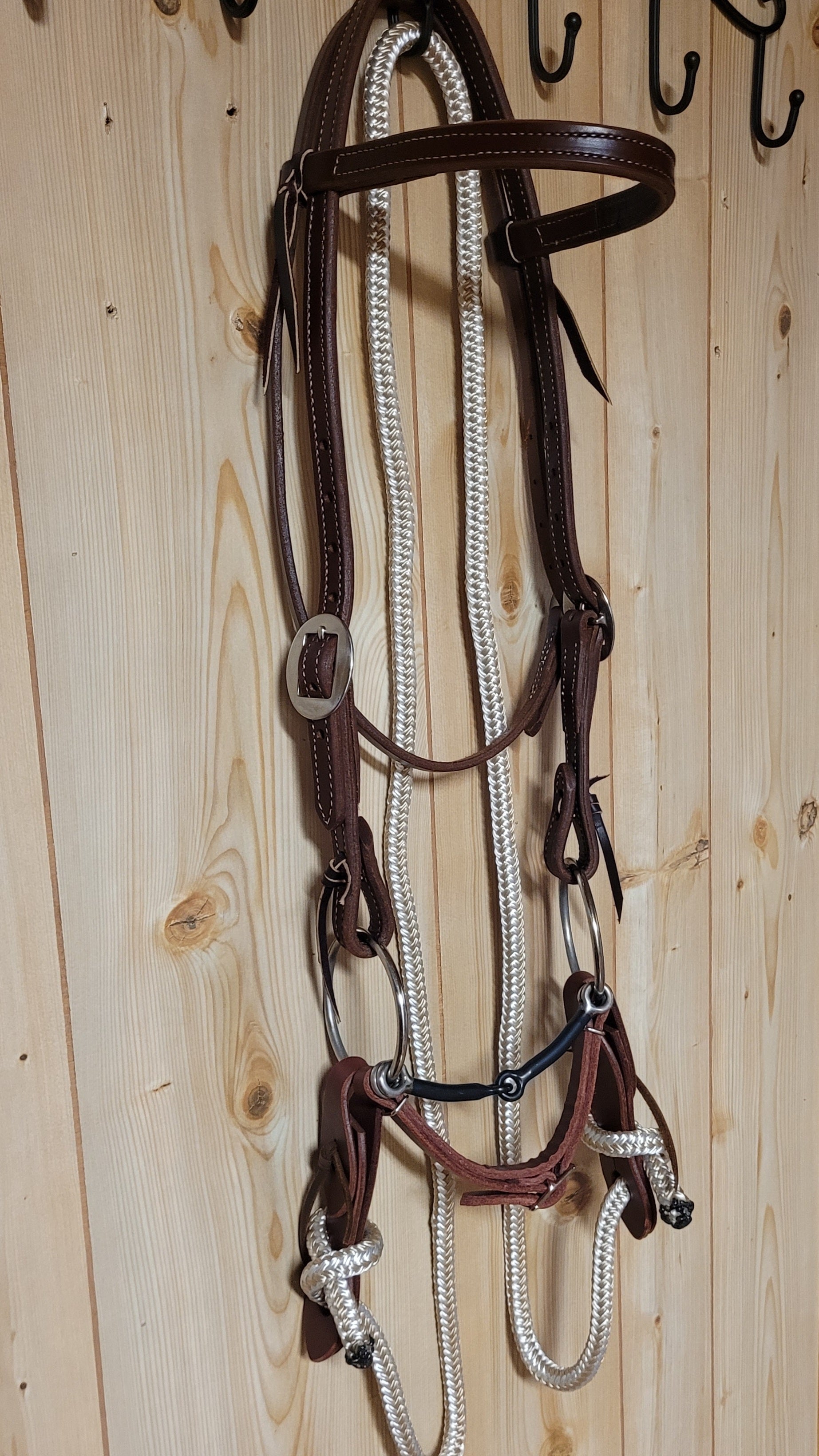 Leather Browband Headstall - Smooth O-Ring Snaffle Bit - 8' Yacht Rope Loop Rein Set