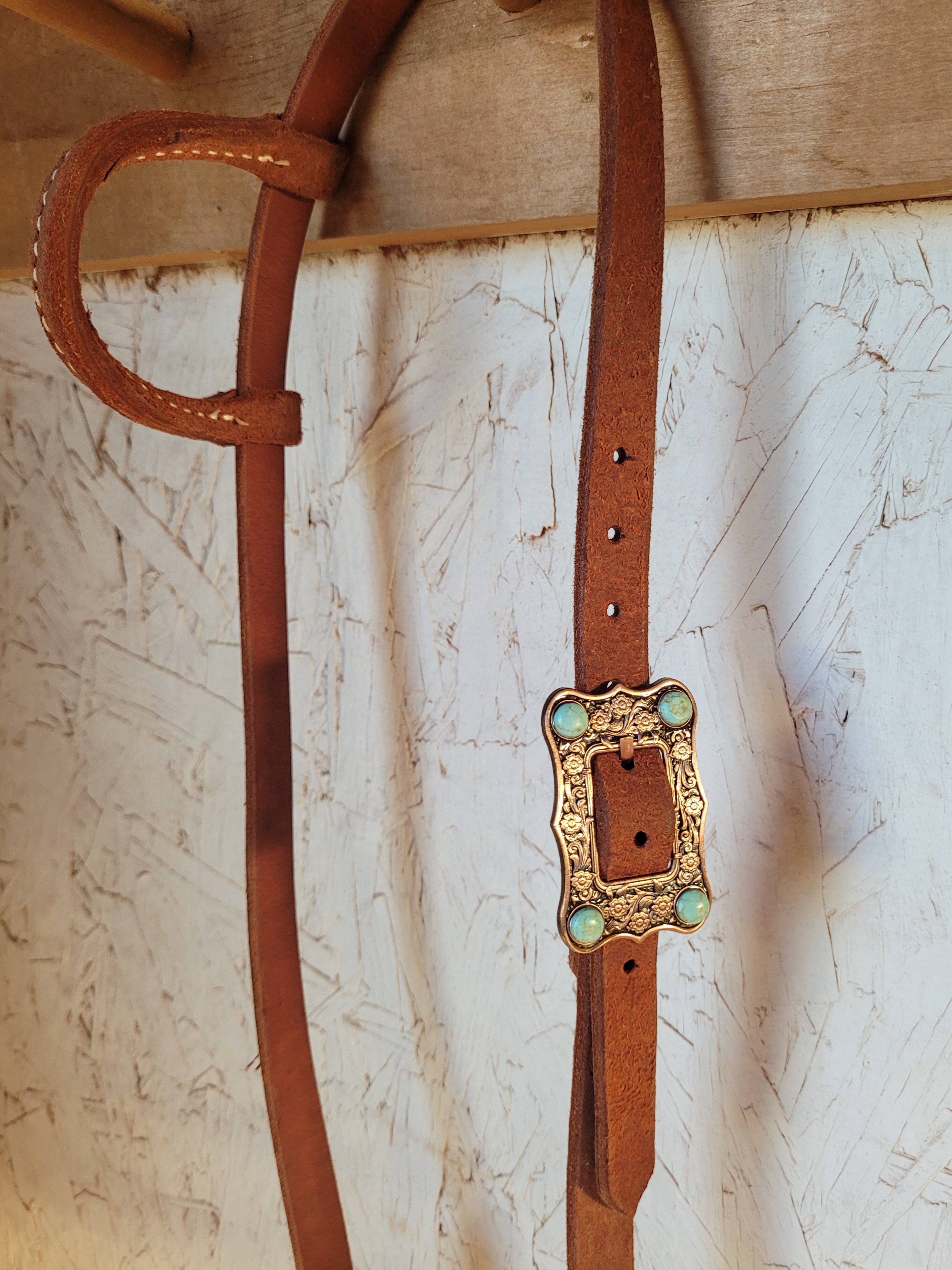 Roughout Leather Headstall With Copper & Turquoise Buckle