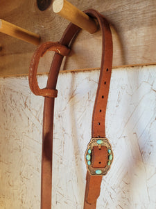 Roughout Leather Headstall With Copper & Turquoise Buckle - Small Size