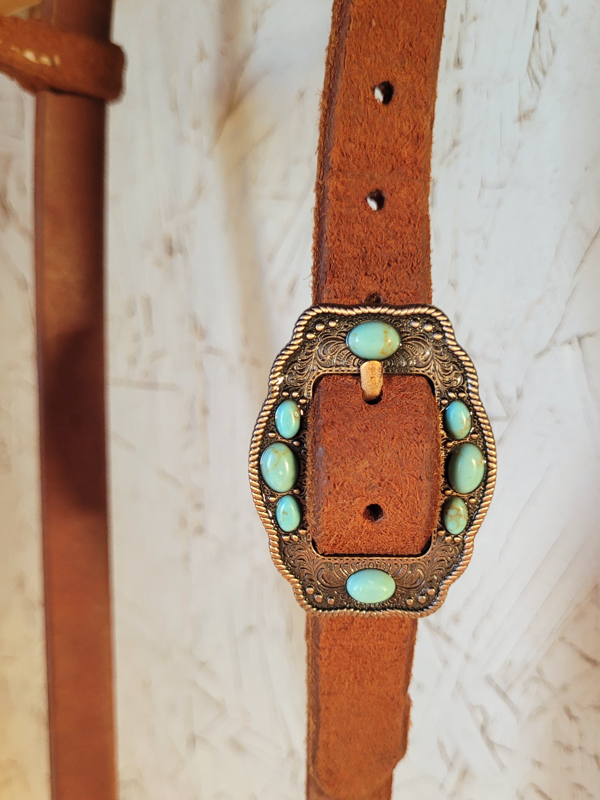 Roughout Leather Headstall With Copper & Turquoise Buckle - Small Size