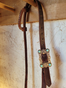 Single Ear Leather Headstall With Copper & Turquoise Buckle