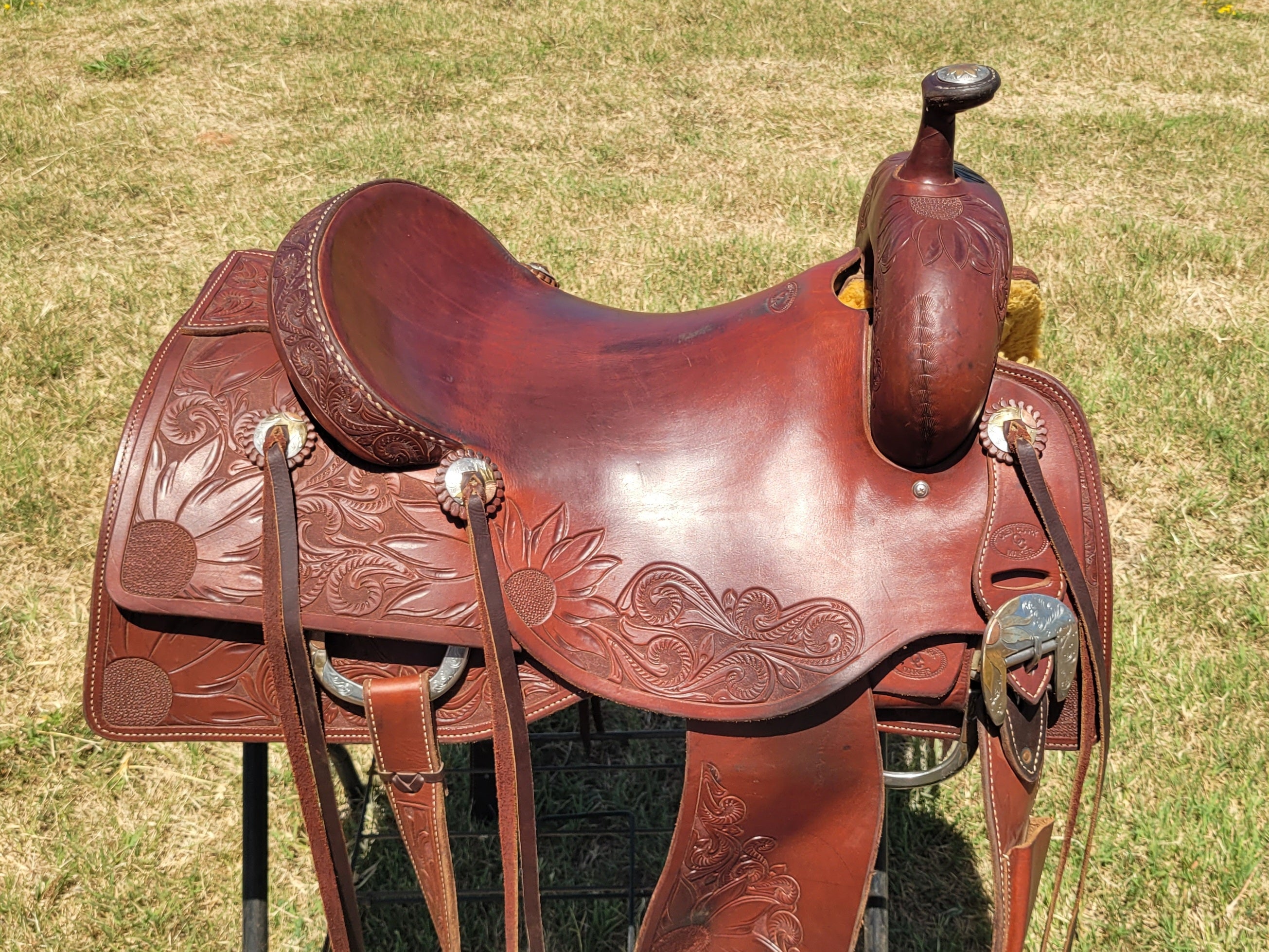16" Custom Olen Clark Ranch Cutting Saddle with Sterling Silver Conchos, Hardware, and Bridle Buckles!