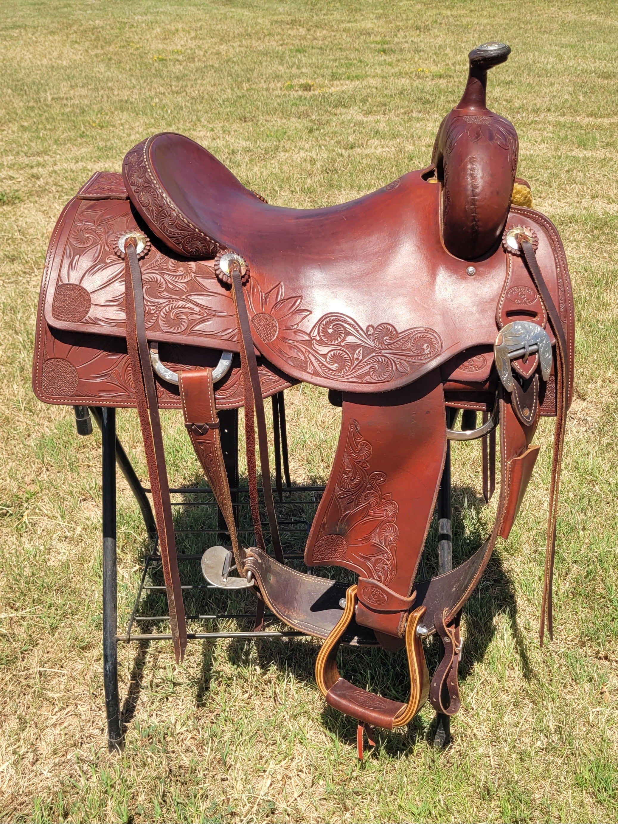 16" Custom Olen Clark Ranch Cutting Saddle with Sterling Silver Conchos, Hardware, and Bridle Buckles!