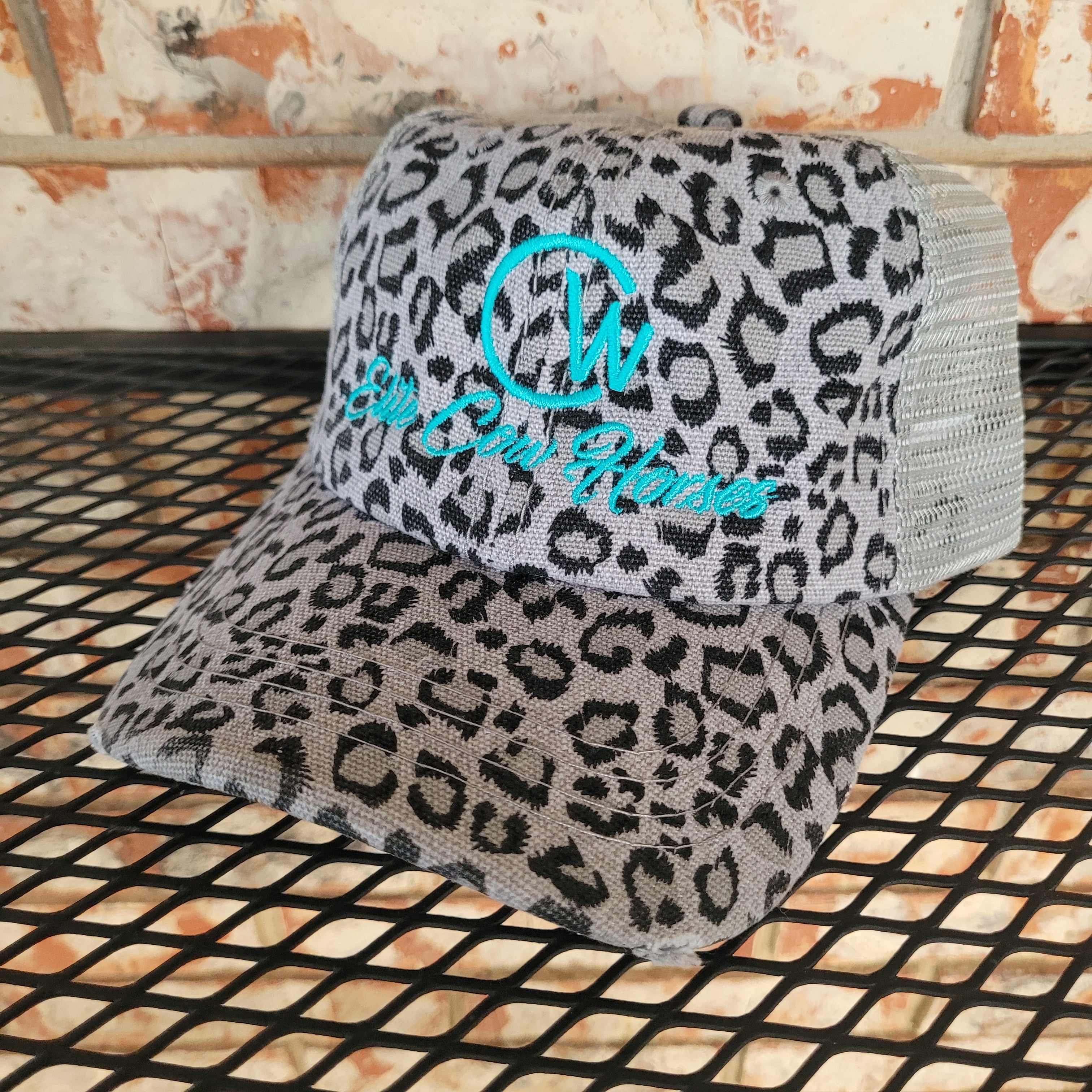 Gray Leopard Print & Turquoise Ladies Ball Cap