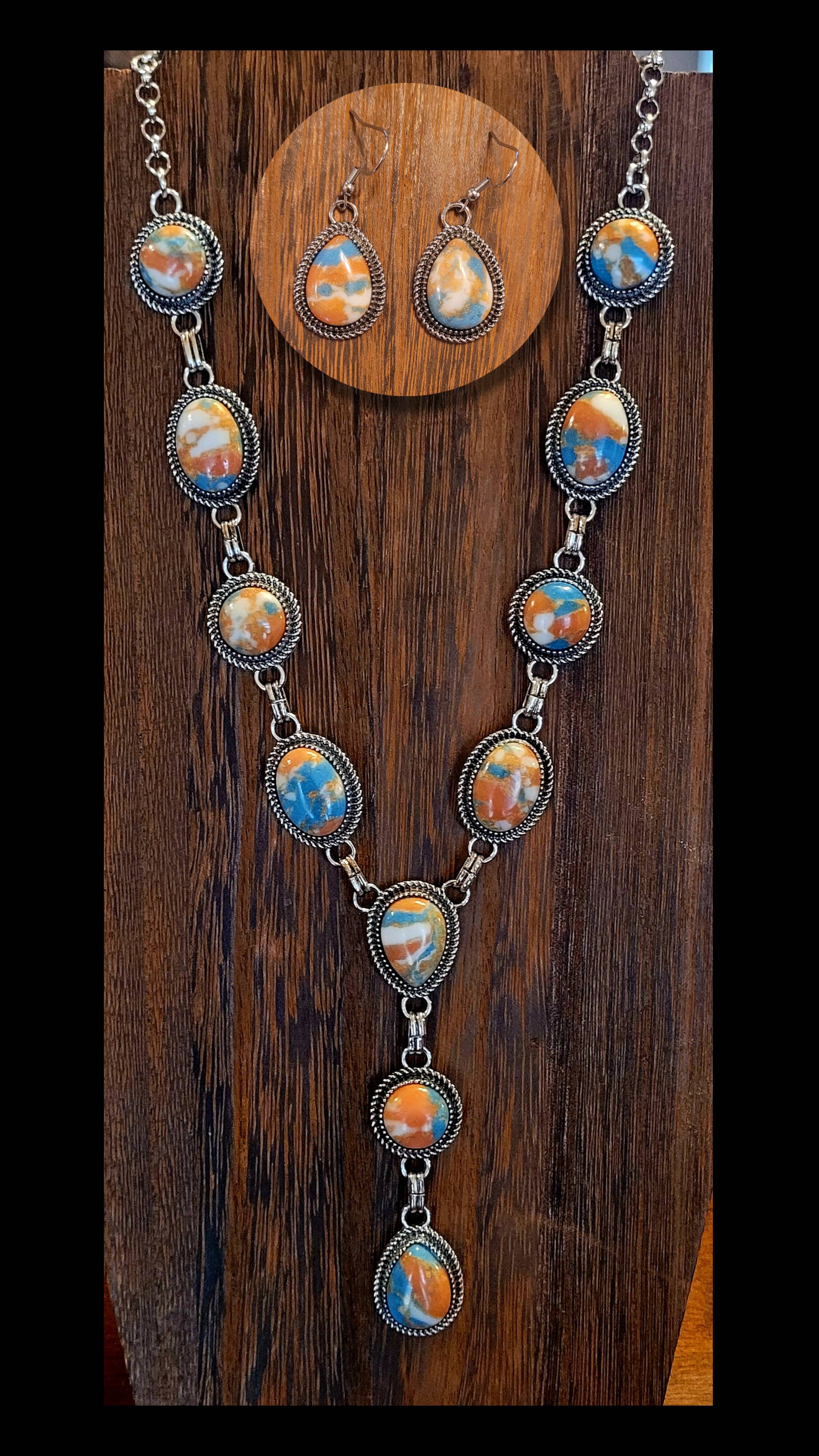 Turquoise, Orange & White "Y" Style Necklace & Earring Set