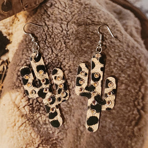 Leopard Print Cactus Dangle Earrings With Crystals