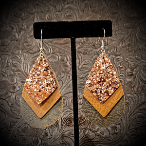 Charcoal Leather, & Bronze Bling Dangle Earrings
