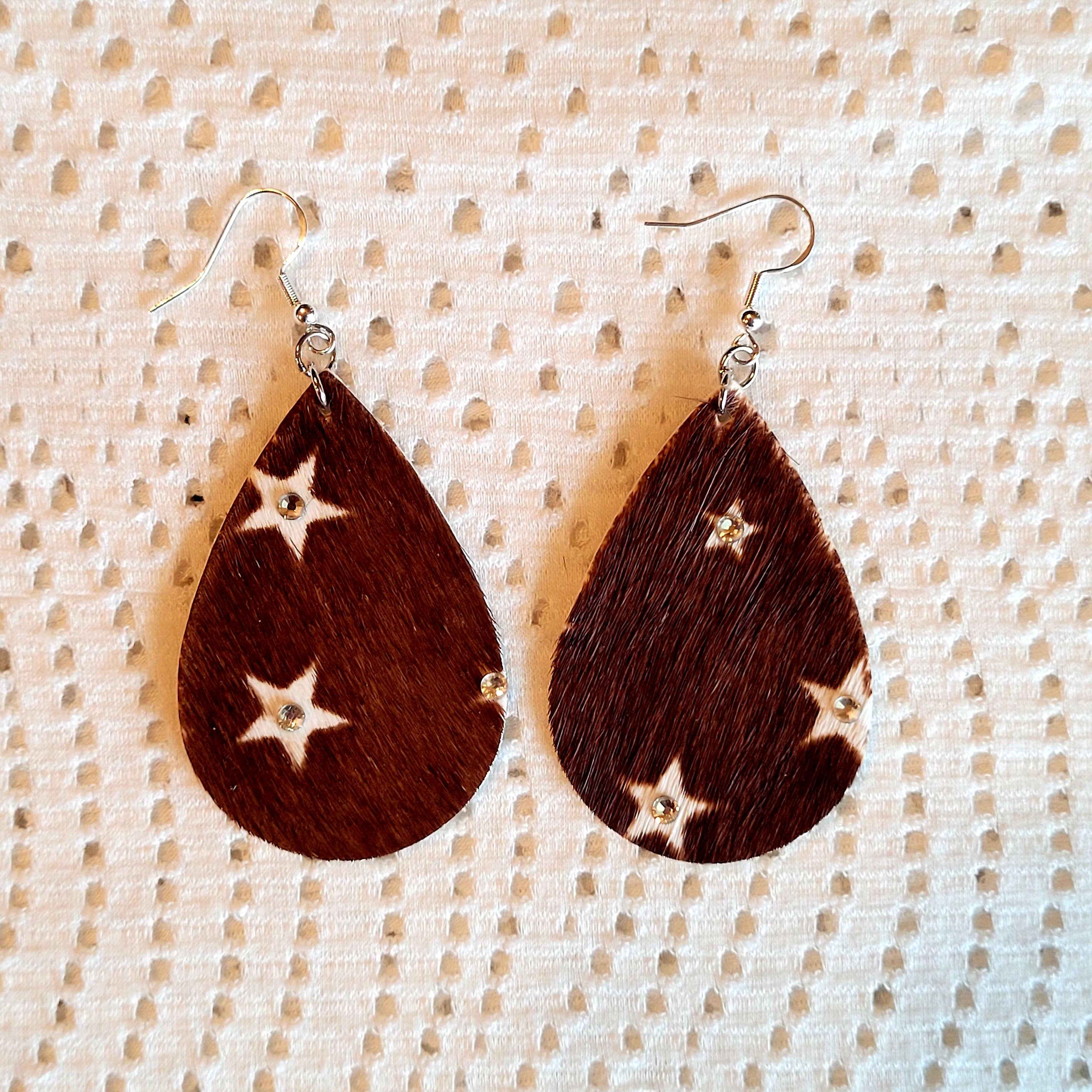 Hair On Leather Dangle Earrings with Stars & Crystals