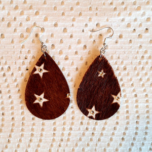 Hair On Leather Dangle Earrings with Stars & Crystals