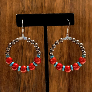 Red, Turquoise, & Silver Hoop Earrings!