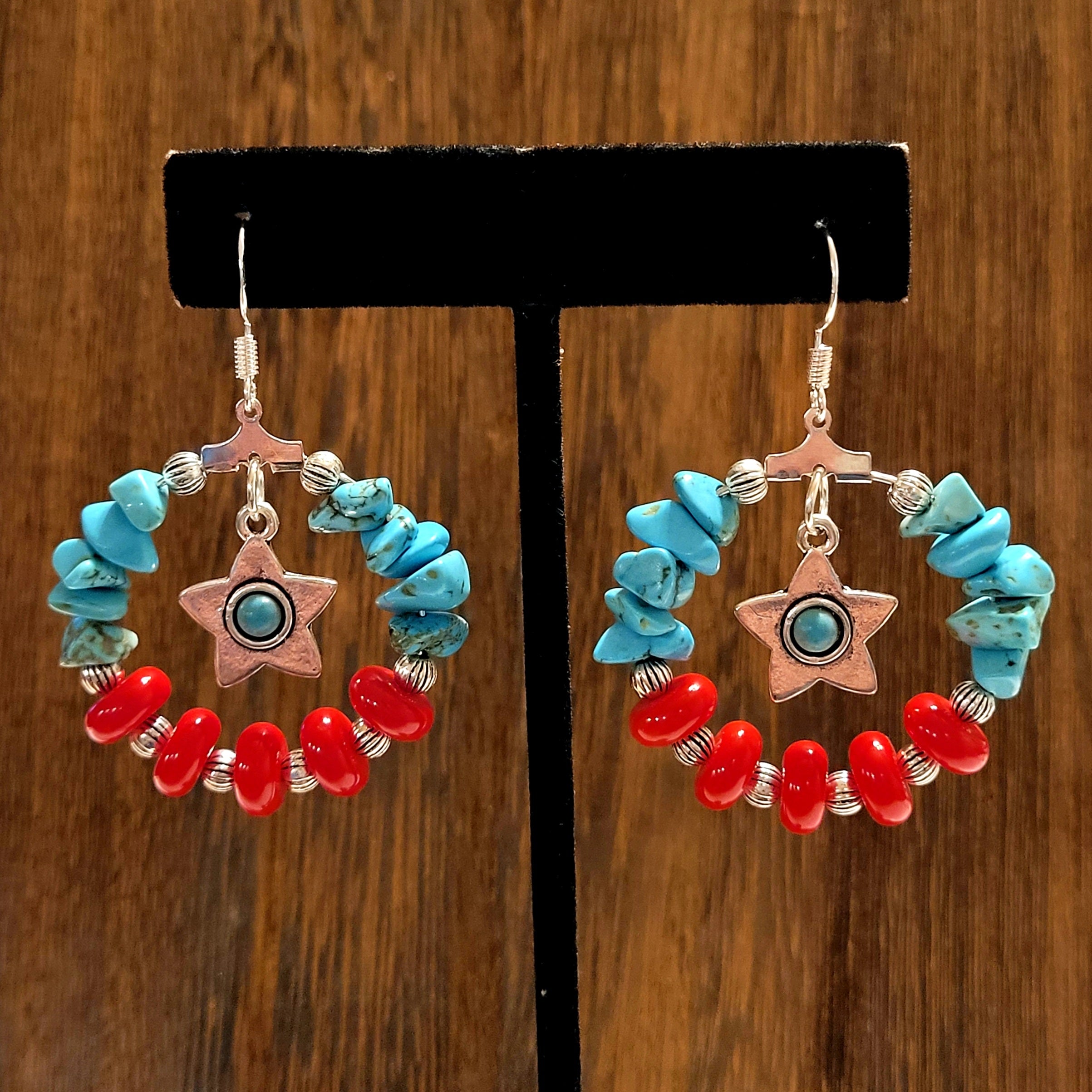 Turquoise, Red & Silver Star Hoop Earrings!