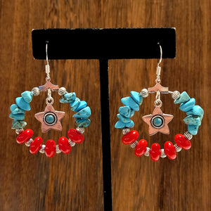 Turquoise, Red & Silver Star Hoop Earrings!