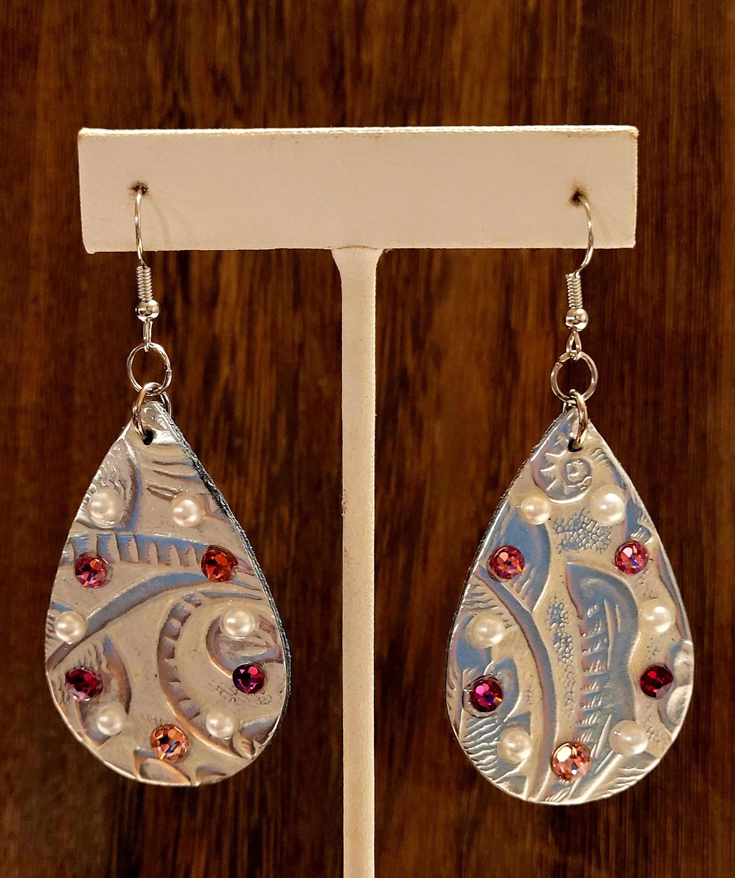 Metallic Silver Leather Earrings with Swarovski Crystals