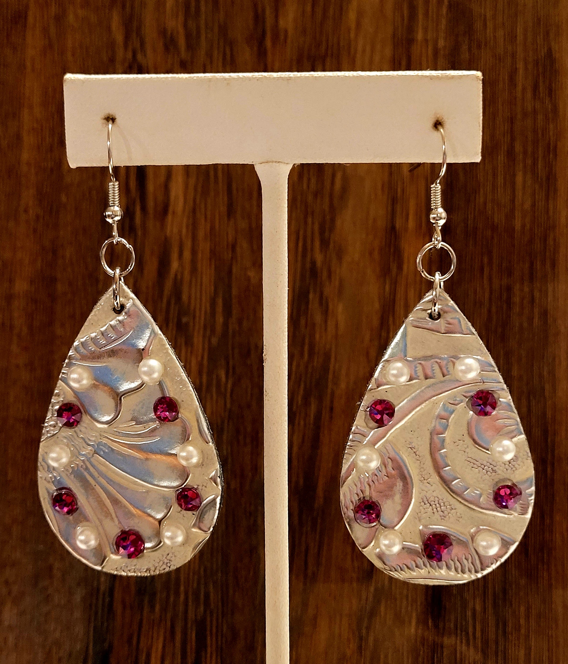 Metallic Silver Leather Earrings with Swarovski Crystals