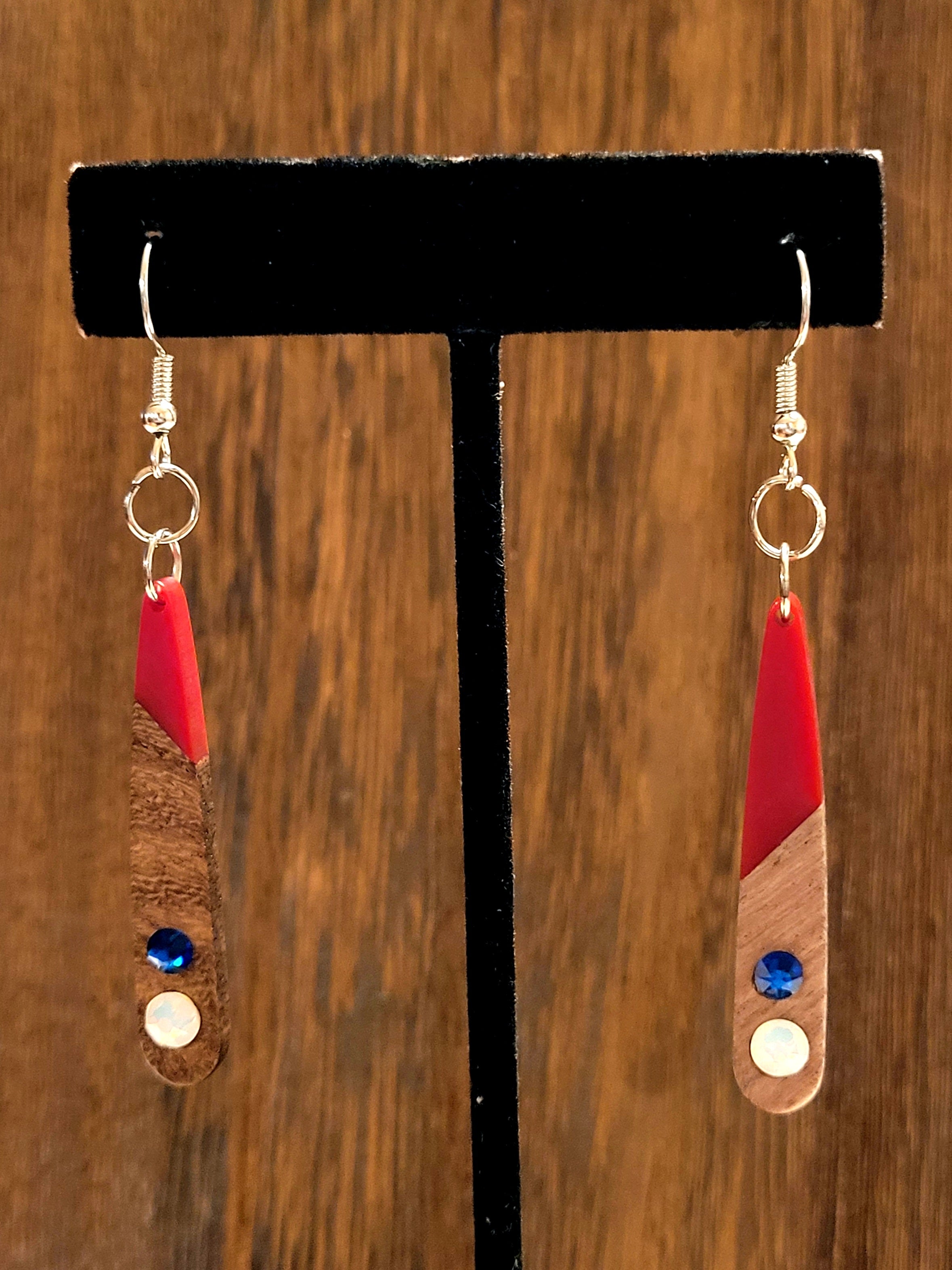 Wood Dangle Earrings with Swarovski Crystals