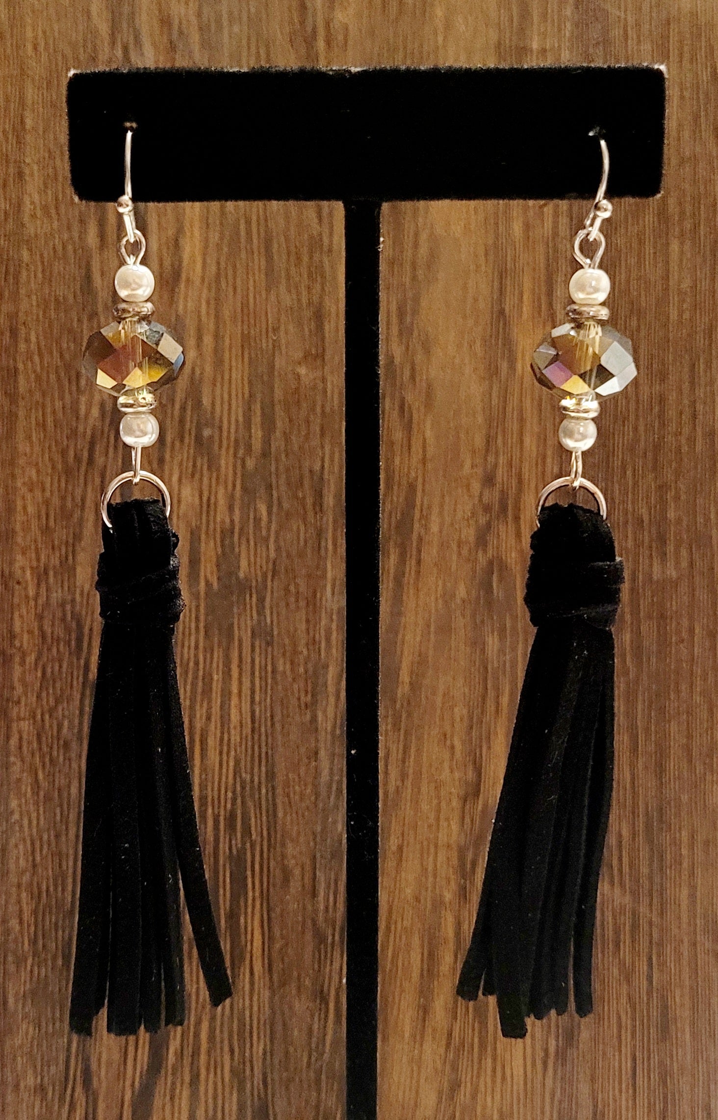 Black Leather Fringe Earrings With Swarovski Crystals & Pearls