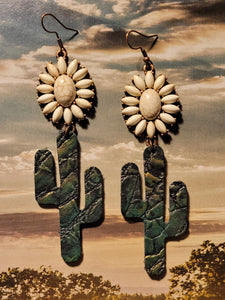 White Stone & Green Cactus Dangle Earrings