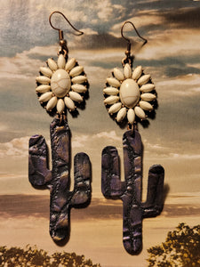 White Stone & Purple Cactus Dangle Earrings
