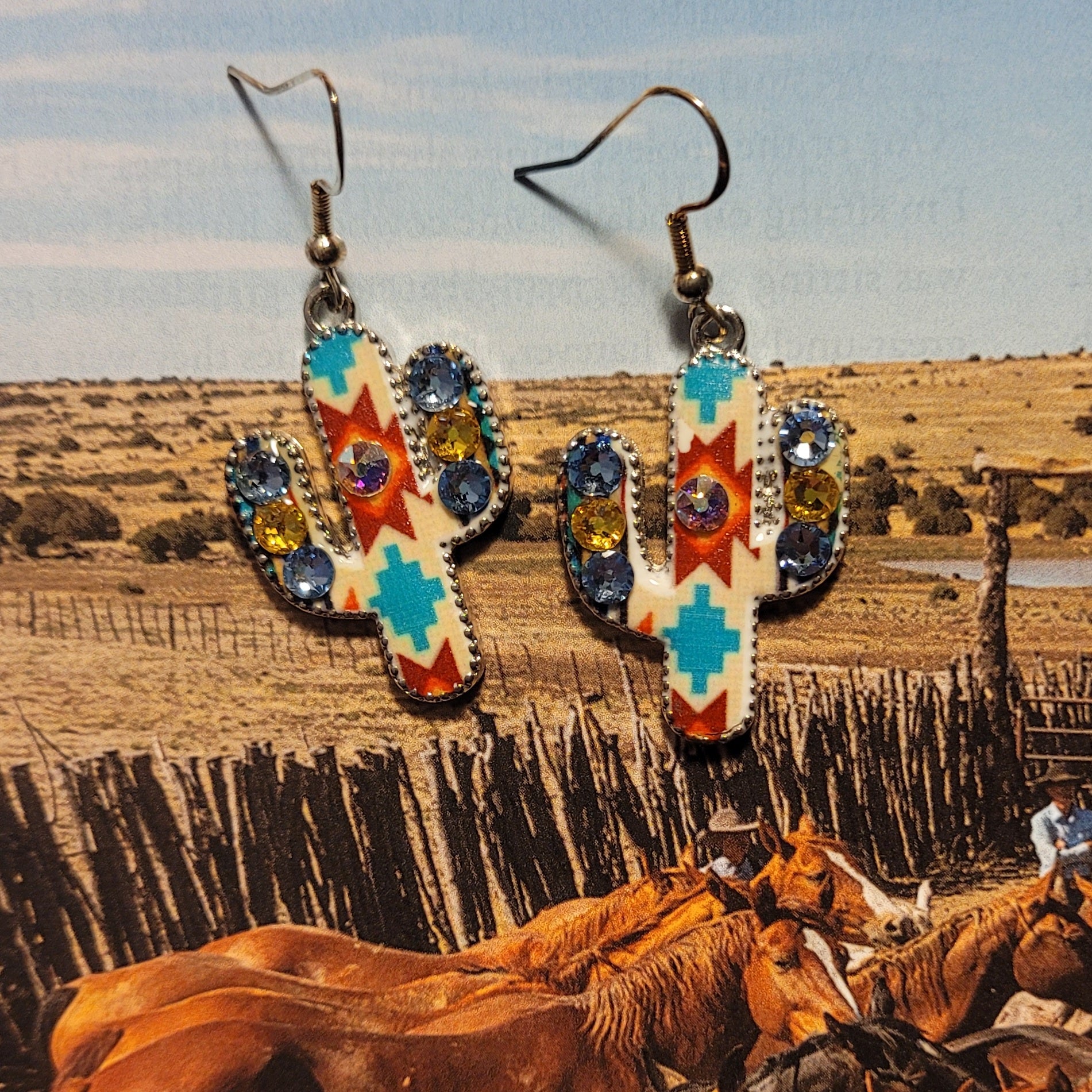 Metal Cactus Dangle Earrings with Aztec Print & Crystals