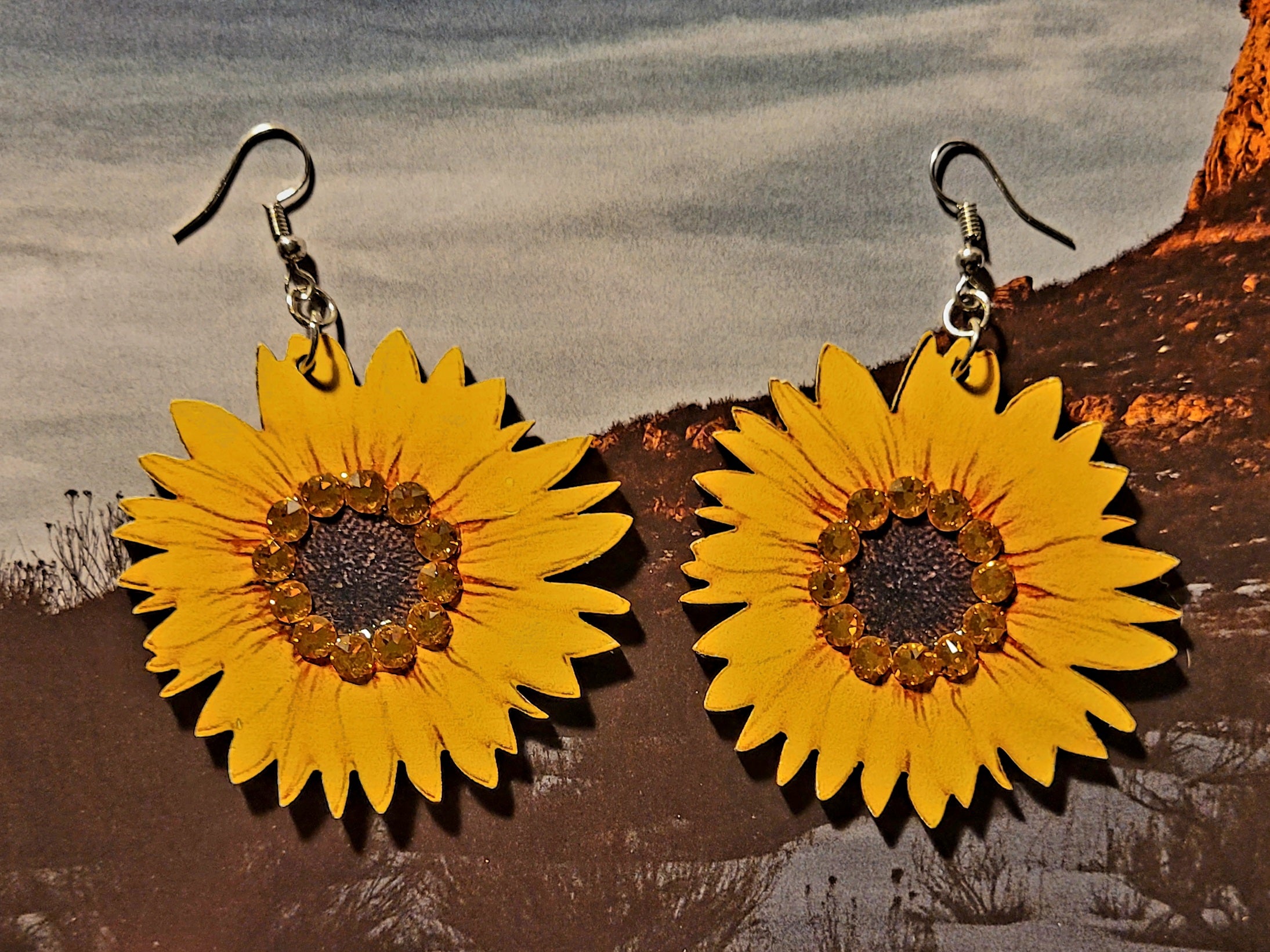 Wood Sunflower Dangle Earrings with Crystals