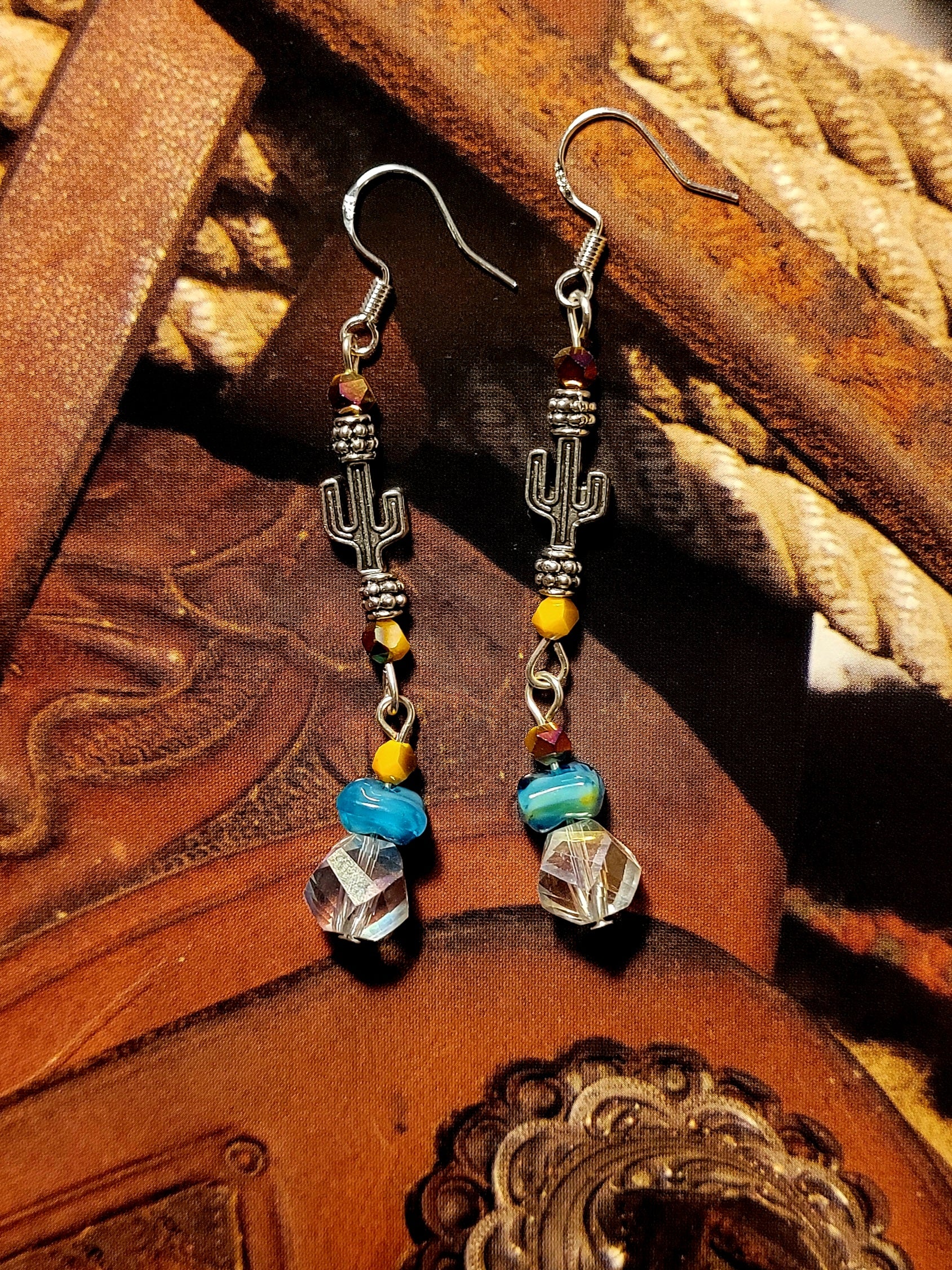 Blue & Yellow Crystal Cactus Dangle Earrings