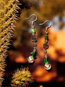 Green Bead & Crystal Cactus Dangle Earrings