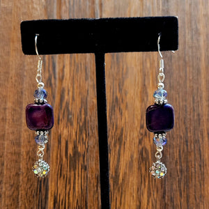 Purple, Silver & AB Crystal Dangle Earrings