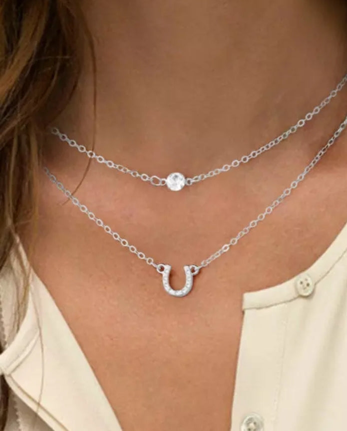 Silver Crystal & Horsehoe Necklace Duo